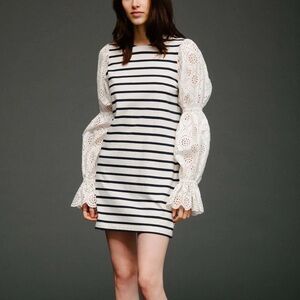 SEA New York Cotton Striped Gathered Eyelet Sleeve Dress Size Large